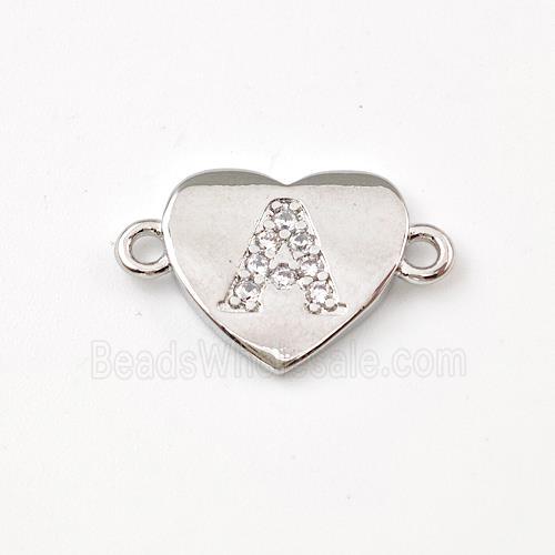 Copper Heart Connector Pave Zirconia Letter-A Platinum Plated