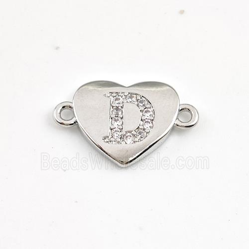 Copper Heart Connector Pave Zirconia Letter-D Platinum Plated