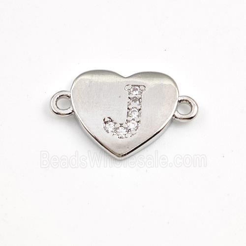 Copper Heart Connector Pave Zirconia Letter-J Platinum Plated