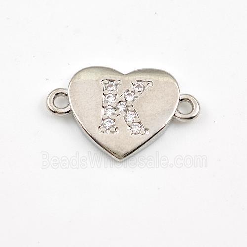 Copper Heart Connector Pave Zirconia Letter-K Platinum Plated