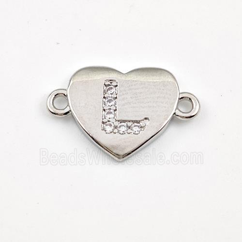 Copper Heart Connector Pave Zirconia Letter-L Platinum Plated