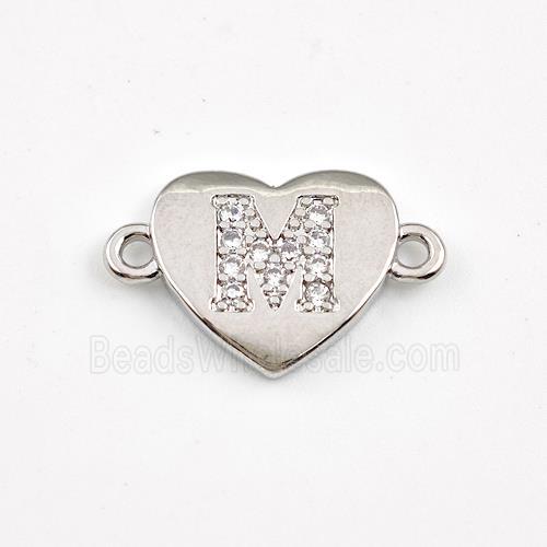 Copper Heart Connector Pave Zirconia Letter-M Platinum Plated