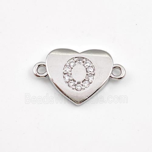 Copper Heart Connector Pave Zirconia Letter-O Platinum Plated