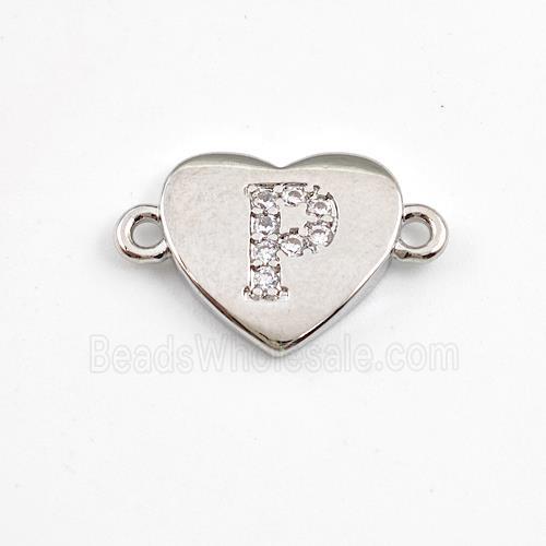 Copper Heart Connector Pave Zirconia Letter-P Platinum Plated