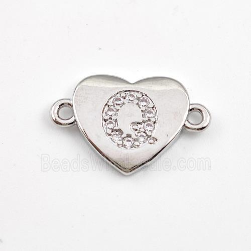 Copper Heart Connector Pave Zirconia Letter-Q Platinum Plated