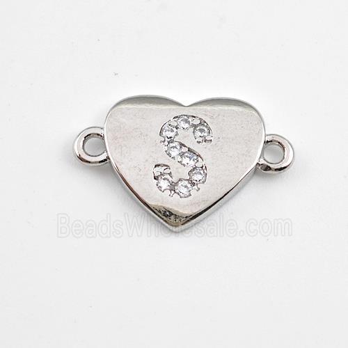 Copper Heart Connector Pave Zirconia Letter-S Platinum Plated