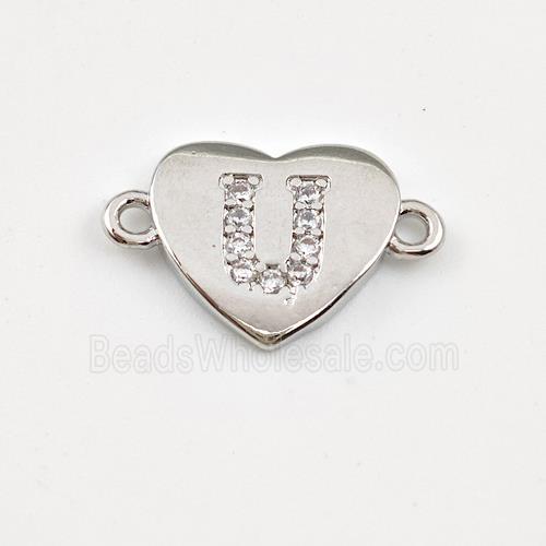 Copper Heart Connector Pave Zirconia Letter-U Platinum Plated