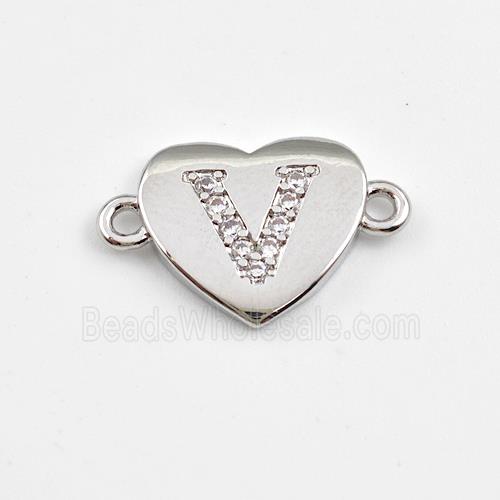 Copper Heart Connector Pave Zirconia Letter-V Platinum Plated
