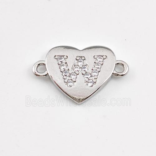 Copper Heart Connector Pave Zirconia Letter-W Platinum Plated