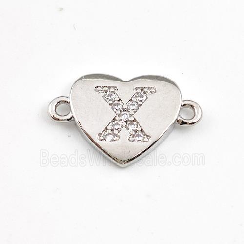 Copper Heart Connector Pave Zirconia Letter-X Platinum Plated