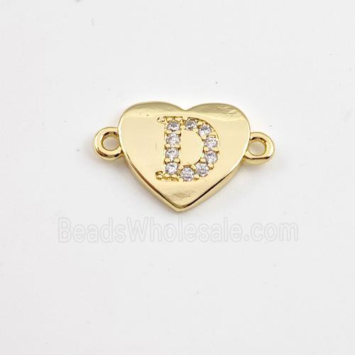 Copper Heart Connector Pave Zirconia Letter-D Gold Plated
