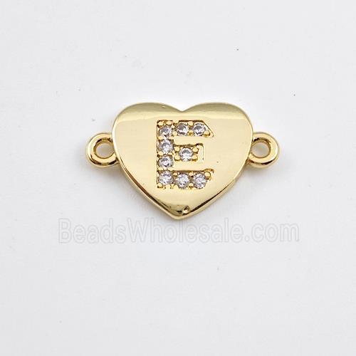 Copper Heart Connector Pave Zirconia Letter-E Gold Plated