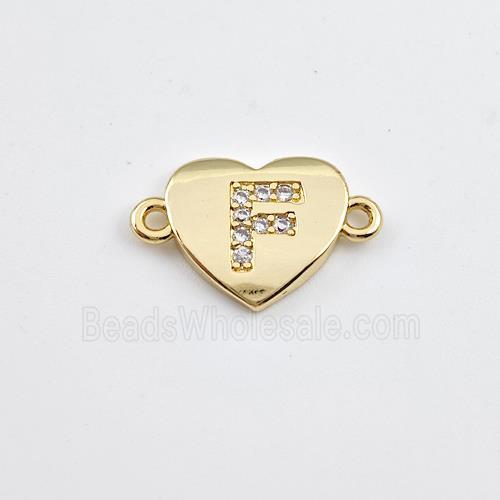 Copper Heart Connector Pave Zirconia Letter-F Gold Plated
