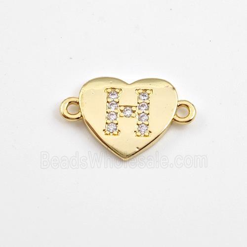 Copper Heart Connector Pave Zirconia Letter-H Gold Plated