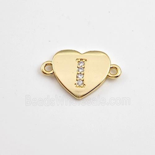 Copper Heart Connector Pave Zirconia Letter-I Gold Plated