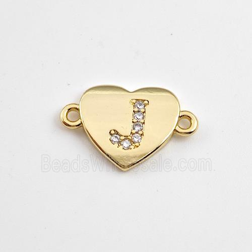 Copper Heart Connector Pave Zirconia Letter-J Gold Plated