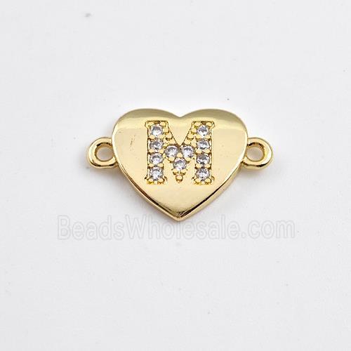 Copper Heart Connector Pave Zirconia Letter-M Gold Plated