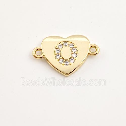 Copper Heart Connector Pave Zirconia Letter-O Gold Plated