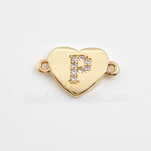 Copper Heart Connector Pave Zirconia Letter-P Gold Plated