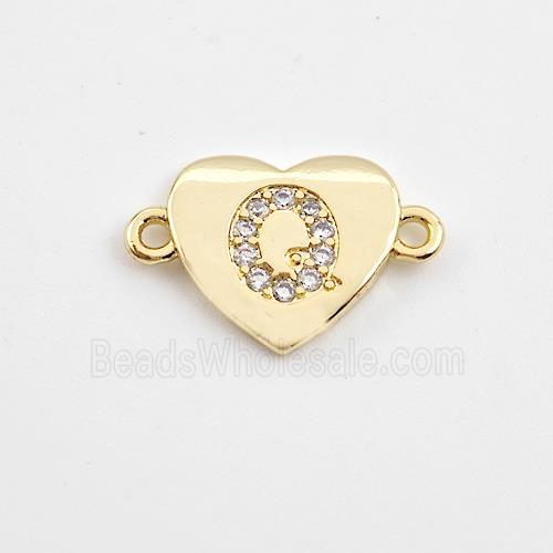 Copper Heart Connector Pave Zirconia Letter-Q Gold Plated