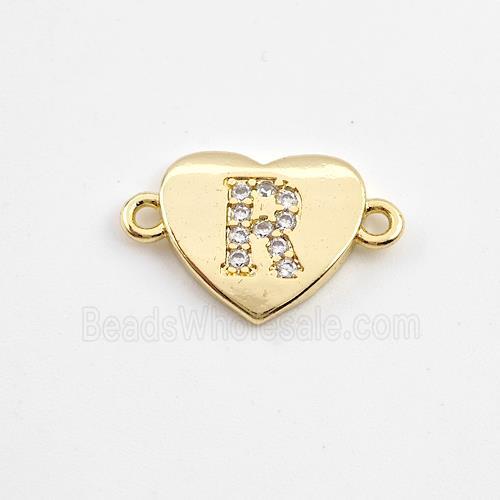 Copper Heart Connector Pave Zirconia Letter-R Gold Plated