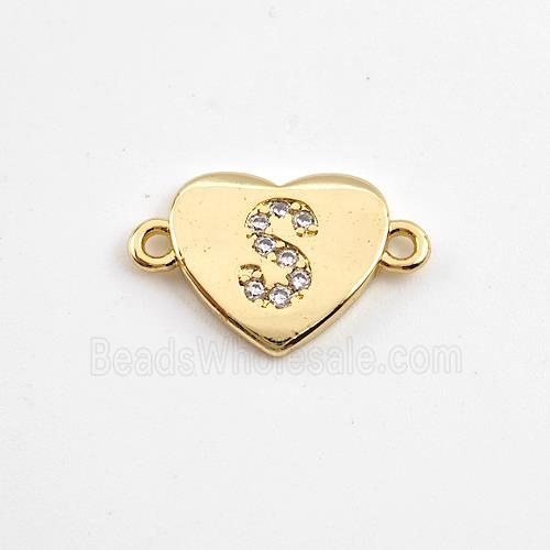 Copper Heart Connector Pave Zirconia Letter-S Gold Plated