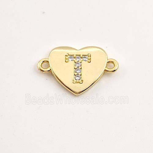 Copper Heart Connector Pave Zirconia Letter-T Gold Plated