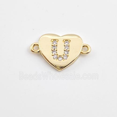 Copper Heart Connector Pave Zirconia Letter-U Gold Plated
