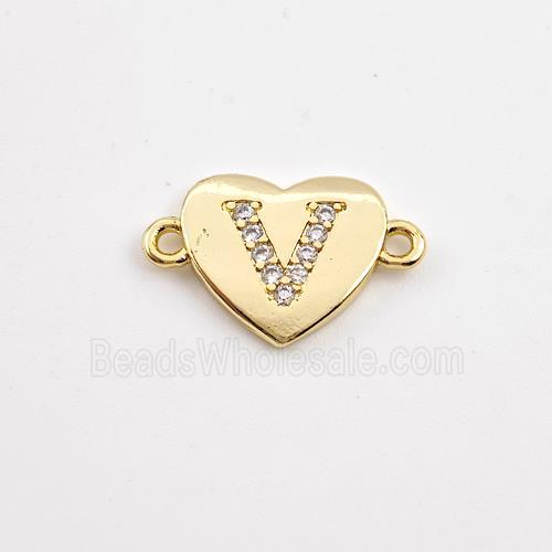 Copper Heart Connector Pave Zirconia Letter-V Gold Plated