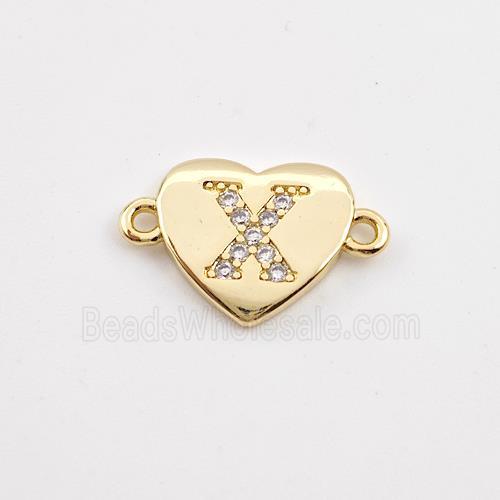 Copper Heart Connector Pave Zirconia Letter-X Gold Plated