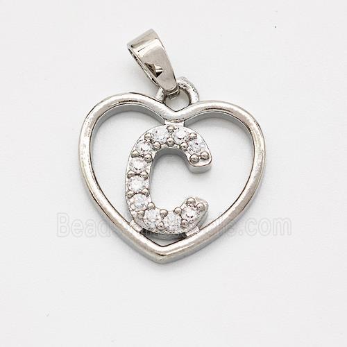 Copper Heart Pendant Pave Zirconia Letter-C Platinum Plated