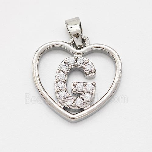 Copper Heart Pendant Pave Zirconia Letter-G Platinum Plated