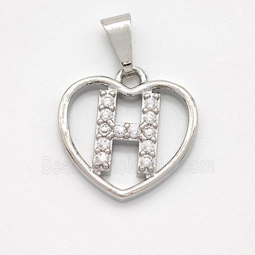 Copper Heart Pendant Pave Zirconia Letter-H Platinum Plated