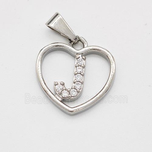 Copper Heart Pendant Pave Zirconia Letter-J Platinum Plated