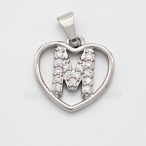 Copper Heart Pendant Pave Zirconia Letter-M Platinum Plated