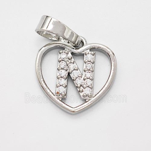 Copper Heart Pendant Pave Zirconia Letter-N Platinum Plated