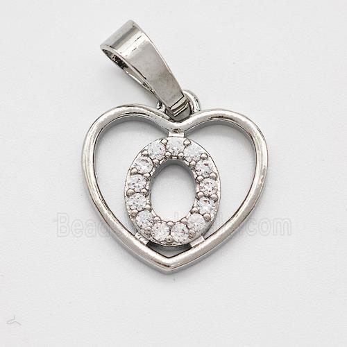 Copper Heart Pendant Pave Zirconia Letter-O Platinum Plated