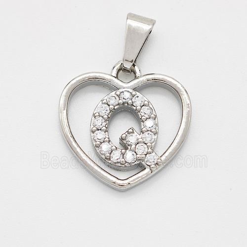 Copper Heart Pendant Pave Zirconia Letter-Q Platinum Plated