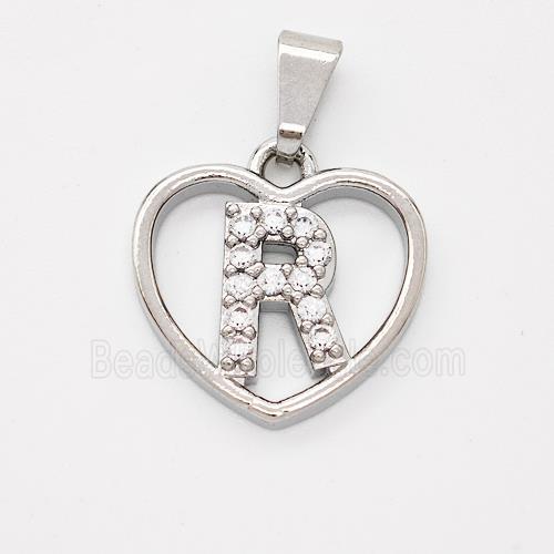 Copper Heart Pendant Pave Zirconia Letter-R Platinum Plated