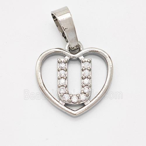 Copper Heart Pendant Pave Zirconia Letter-U Platinum Plated