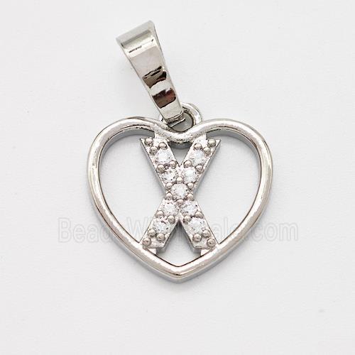 Copper Heart Pendant Pave Zirconia Letter-X Platinum Plated