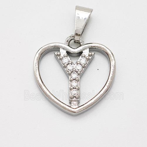 Copper Heart Pendant Pave Zirconia Letter-Y Platinum Plated
