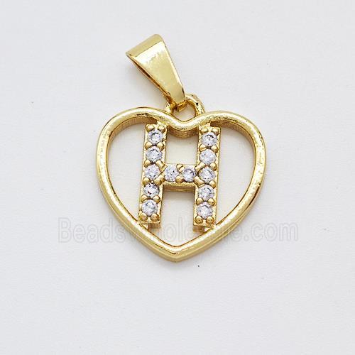 Copper Heart Pendant Pave Zirconia Letter-H Gold Plated
