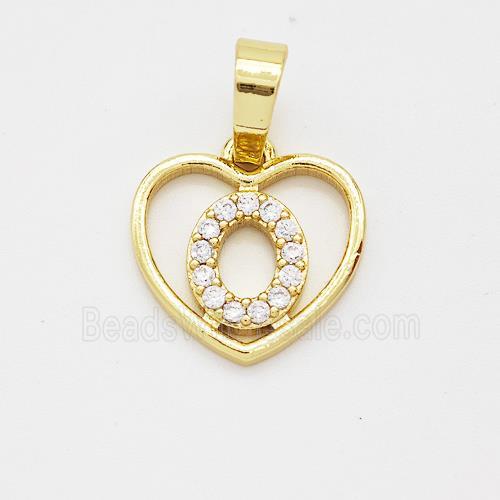 Copper Heart Pendant Pave Zirconia Letter-O Gold Plated