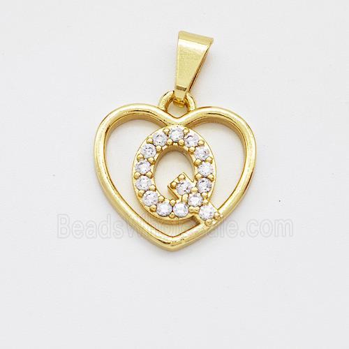 Copper Heart Pendant Pave Zirconia Letter-Q Gold Plated