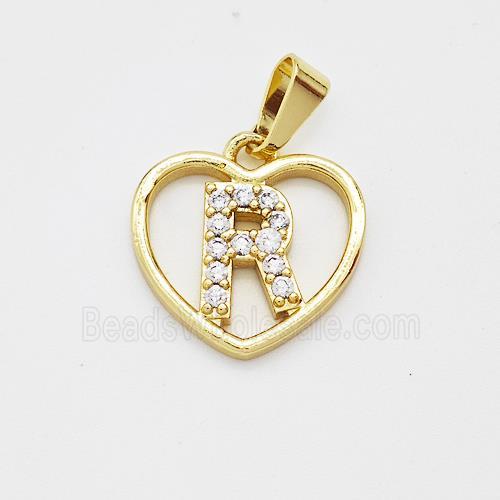 Copper Heart Pendant Pave Zirconia Letter-R Gold Plated
