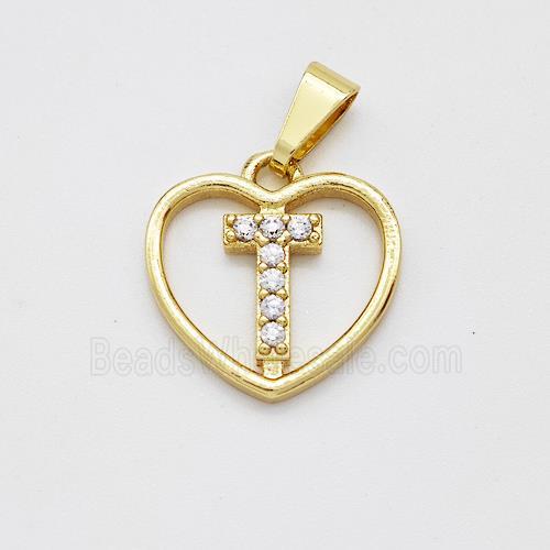 Copper Heart Pendant Pave Zirconia Letter-T Gold Plated