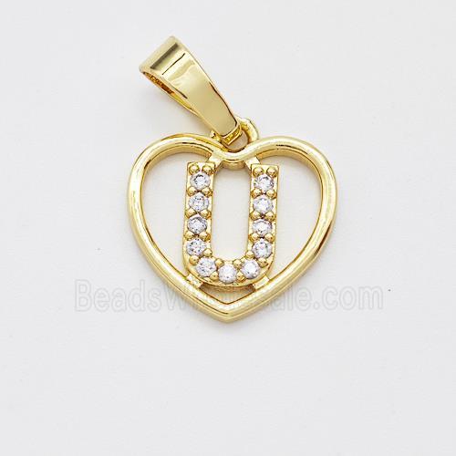 Copper Heart Pendant Pave Zirconia Letter-U Gold Plated