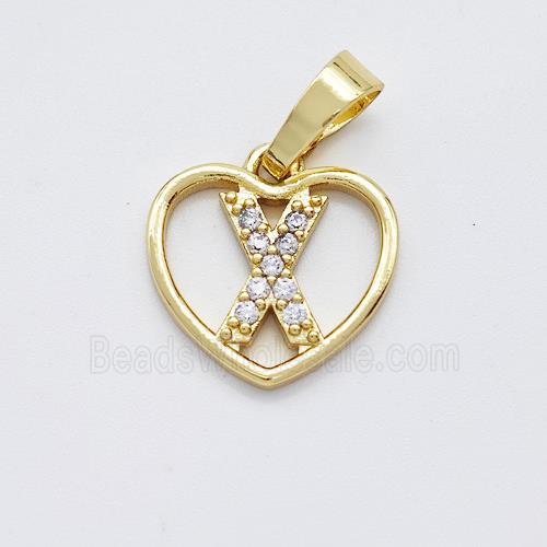 Copper Heart Pendant Pave Zirconia Letter-X Gold Plated