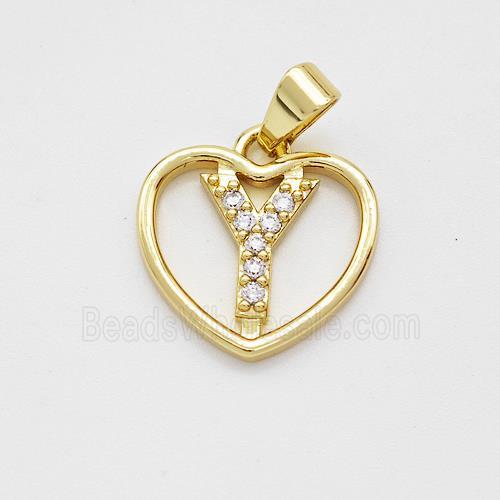 Copper Heart Pendant Pave Zirconia Letter-Y Gold Plated